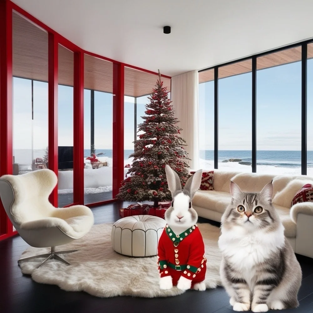 HANDCRAFTED digital art Holiday Red Pet Sweater in a decorated festive space NWT
